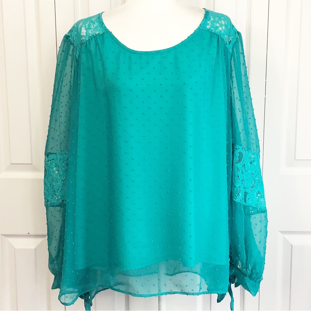 Guillaume Jade Turquoise Swiss Dot Lace Bishop Sleeve Blouse 3X